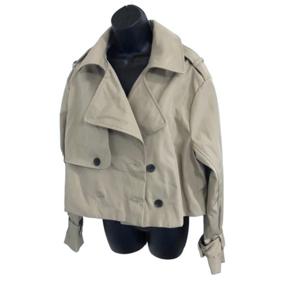 Stoosh tan beige cropped‎ classic double breasted trench coat jacket size Large